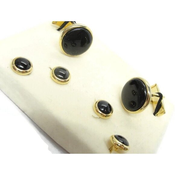 Gold Tone Black Cufflinks Shirt Buttons Set Formal Wedding Tux Vintage - Picture 1 of 11